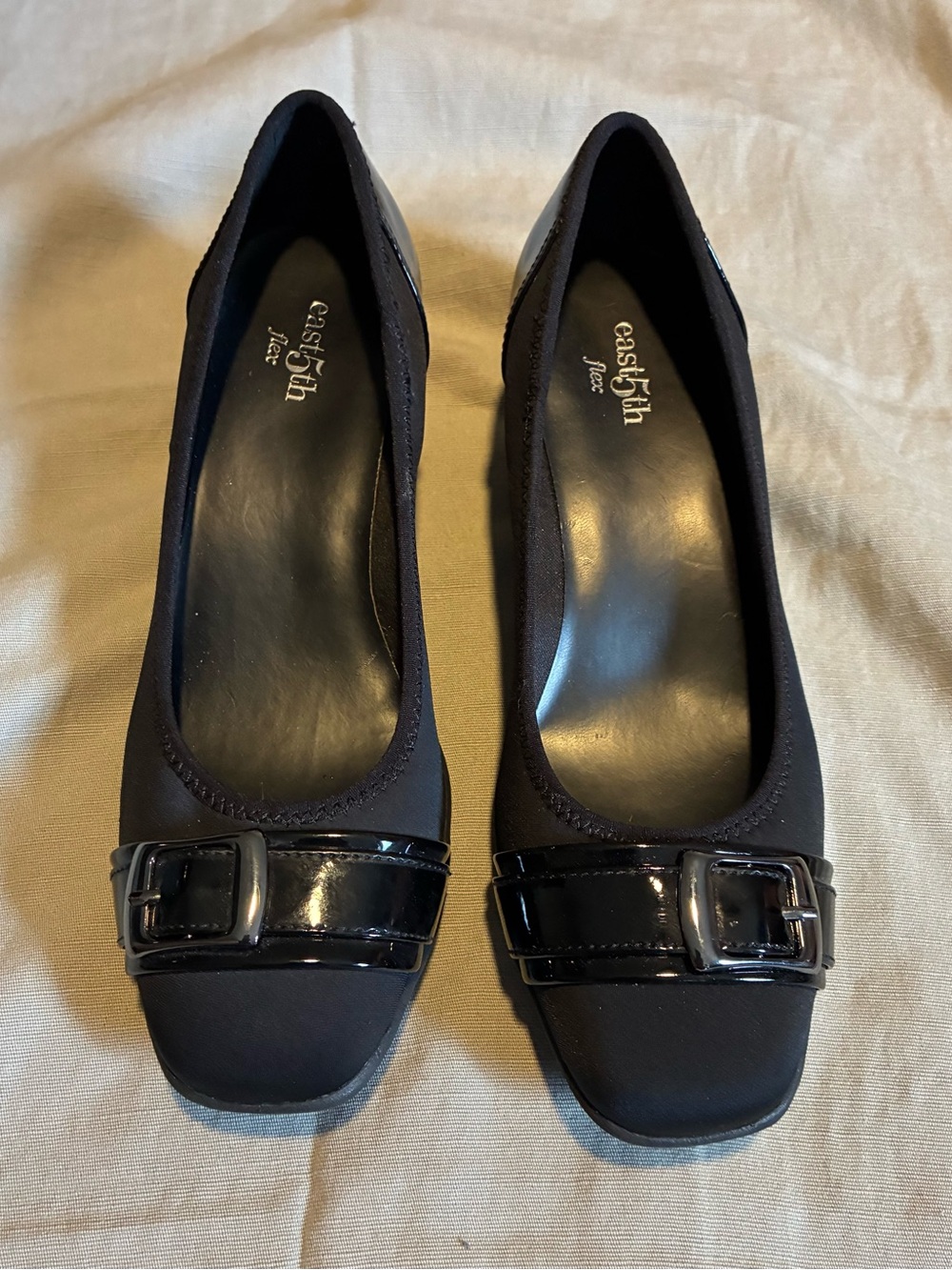 New East 5th Barbara Women Black
Fabric Wedge with Buckle Size  7 1/2